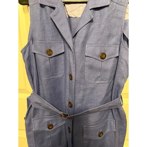 Maggy London Petties Sleeveless Belted Shirt Dress Blue Size 12 100% Linen - Picture 3 of 13